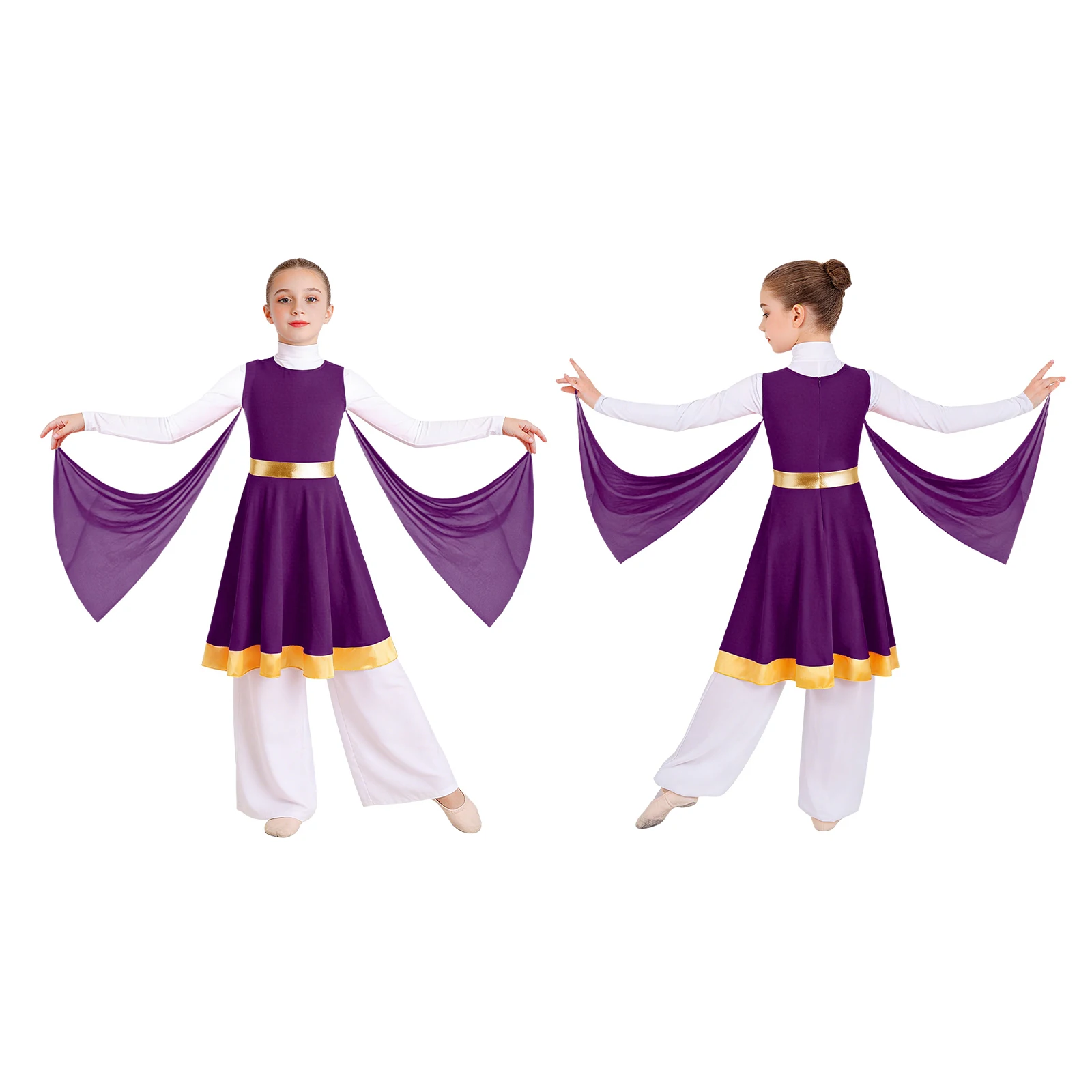 Children Girls Praise Lyrical Dance Stage Performance Costume Liturgical Worship Church Choir Tunic Dress with Mesh Drapes