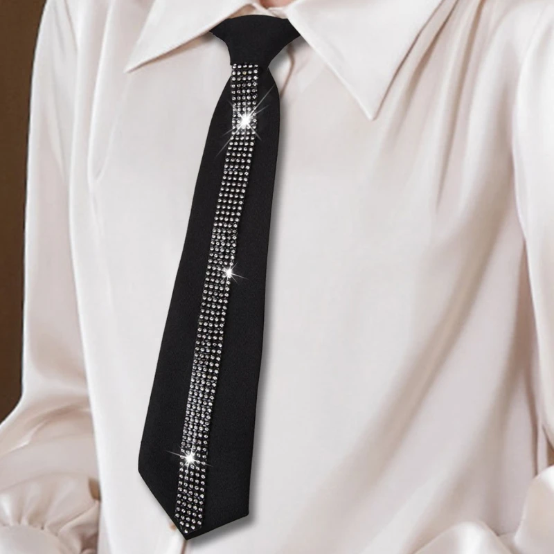Elegante schwarze Strass-Lazy-Krawatte, verstellbare Krawatten für Damen, perfekt für Freizeit- und Business-Hemd-Fliege-Accessoires – Detail 5