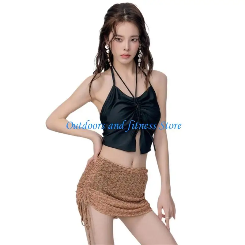 

H053 Women 3 Pcs Swimsuits with Beach Skirt Swimwear Hollow Out Bathing Suit