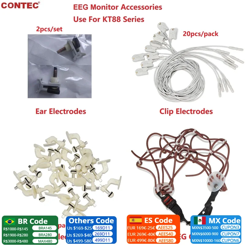 Accessories for CONTEC KT88 Series EEG Monitor, EEG Cap, Ear Clip Electrodes, EEG Cable, EEG Electrodes