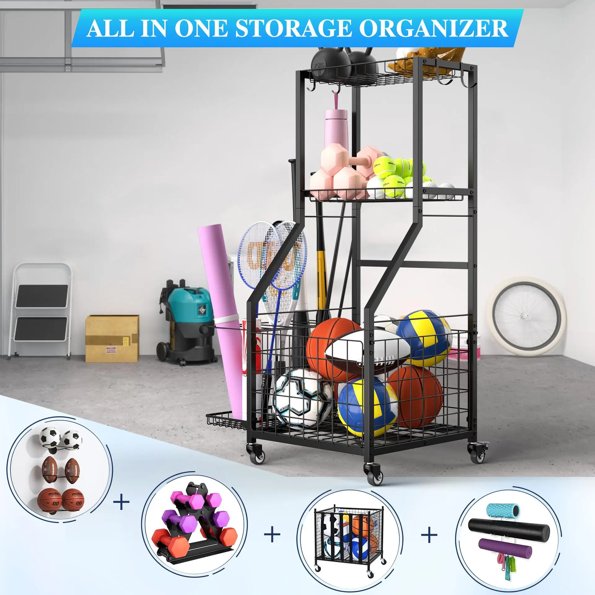Cross-border Three-layer Metal Sports Equipment Storage Rack Movable with Hooks Toy Rack for Balls and Sporting Goodspromote sal