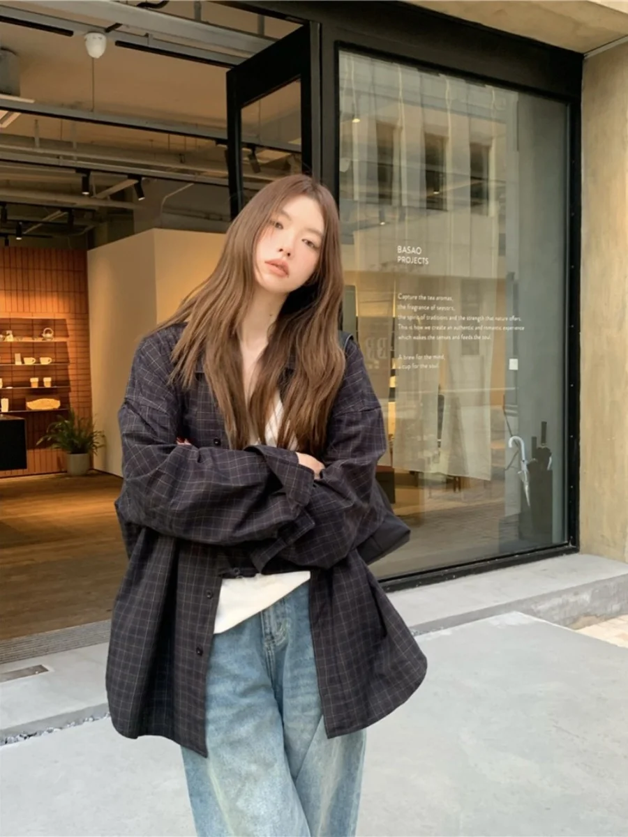 

Ретро американский клетчатый воротник irt Jaet женский ранний осенний свободный топ средней длины в Корейском стиле Sle Commute Faion