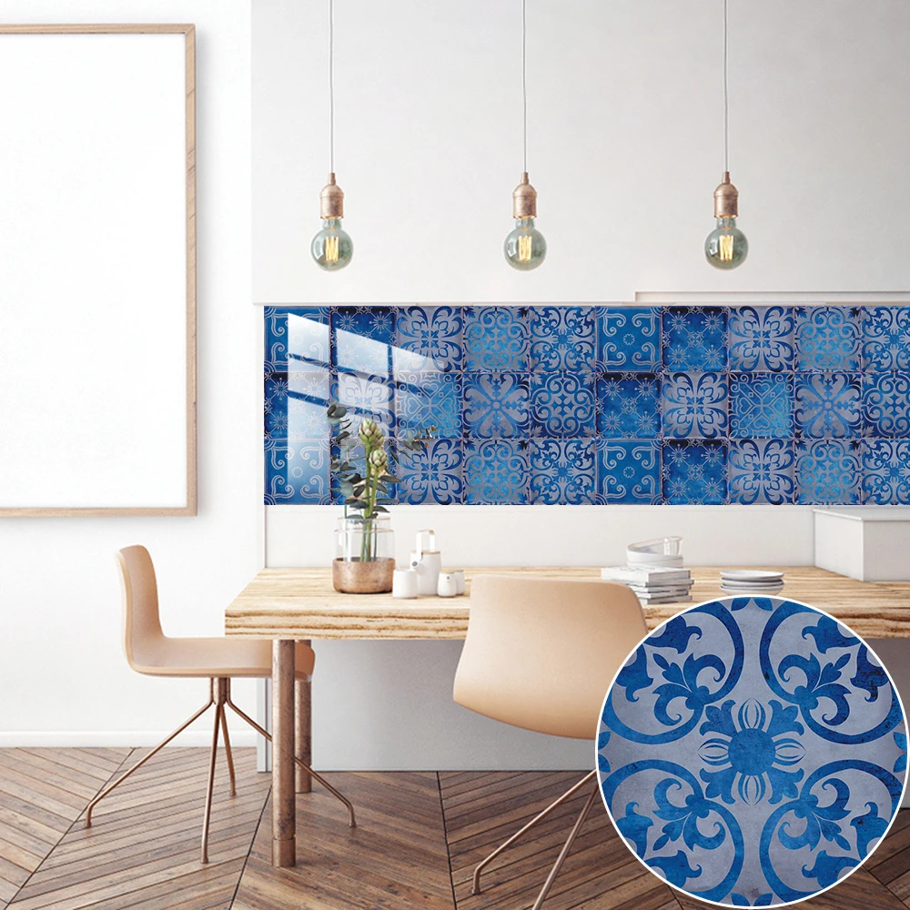 10pcs/set Dream Blue Tile Sticker Kitchen Backsplash Oil-proof Bathroom Waterproof Home Decor Wall Decals Peel & Stick Art Mural view 4