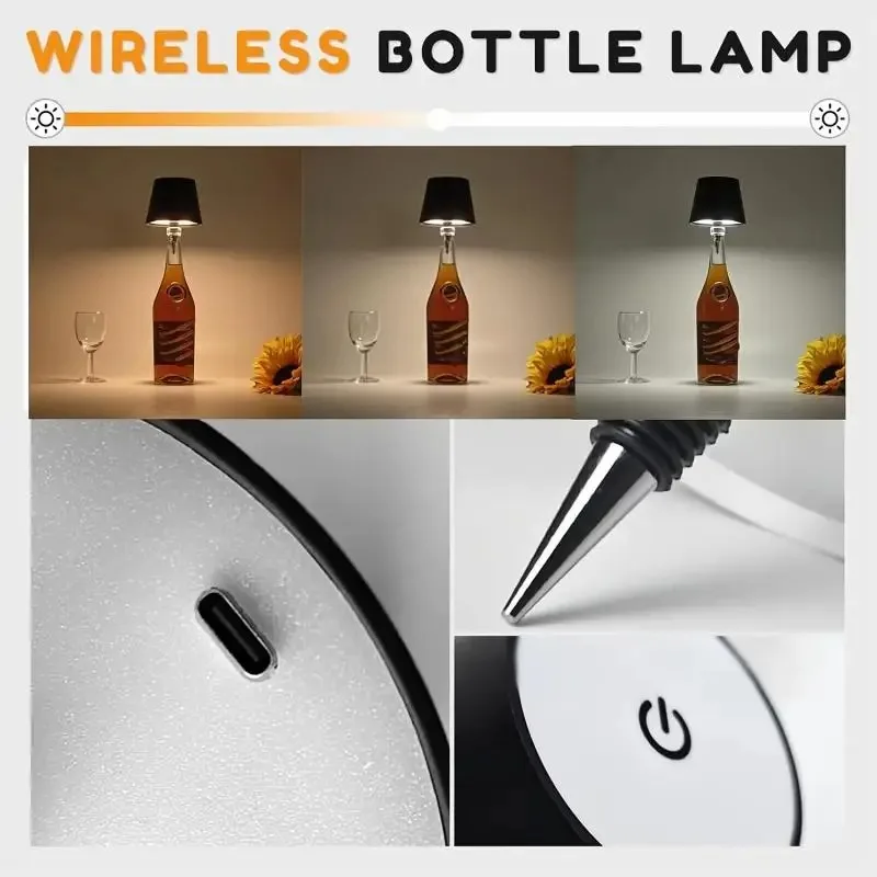 LED Wine Bottle Table Lamp Wireless 3-Color Infinitely Dimmable USB Rechargeable Dining Table Beverage Light Top Touch Control