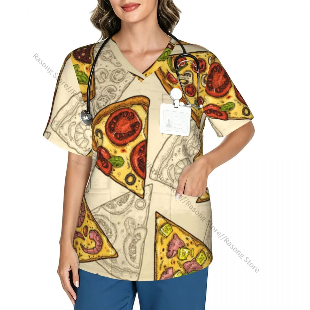 Women's Scrub Tops Short Sleeve Workwear Shirts Fitness Nursing Uniform Slice Pizza Pepperoni Pullover Doctor Nursing Shirt