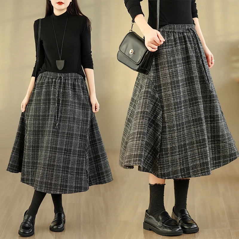 

High Waist A-Line Woolen Plaid Skirt Women's Midi Skirt Elastic Waist Commute Sle Casual Cotton Blend mid Length Skirt