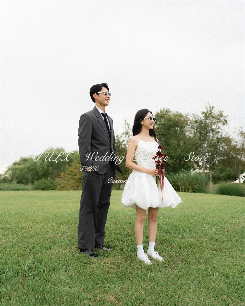 TULX Mini vestido de sesión de fotos de boda con tirantes de Corea, vestido de novia sin mangas con cuello redondo, corsé corto de tafetán en la espalda, personalizado 2025