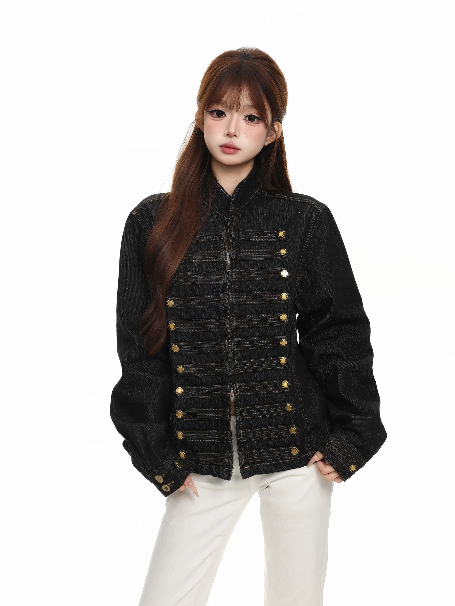 BASTERDS American Retro Napoleon Double Row Button Stand Collar Denim Jacket Women's Autumn Slimming Versatile Jacket