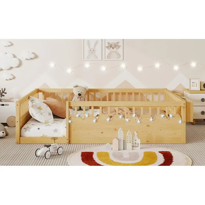 إطار سرير أرضي مونتيسوري بالكامل مع قضبان عالية، سرير أرضية خشبي للأطفال مع رف خفيف ورف تخزين، لمسة نهائية من الخشب الطبيعي،