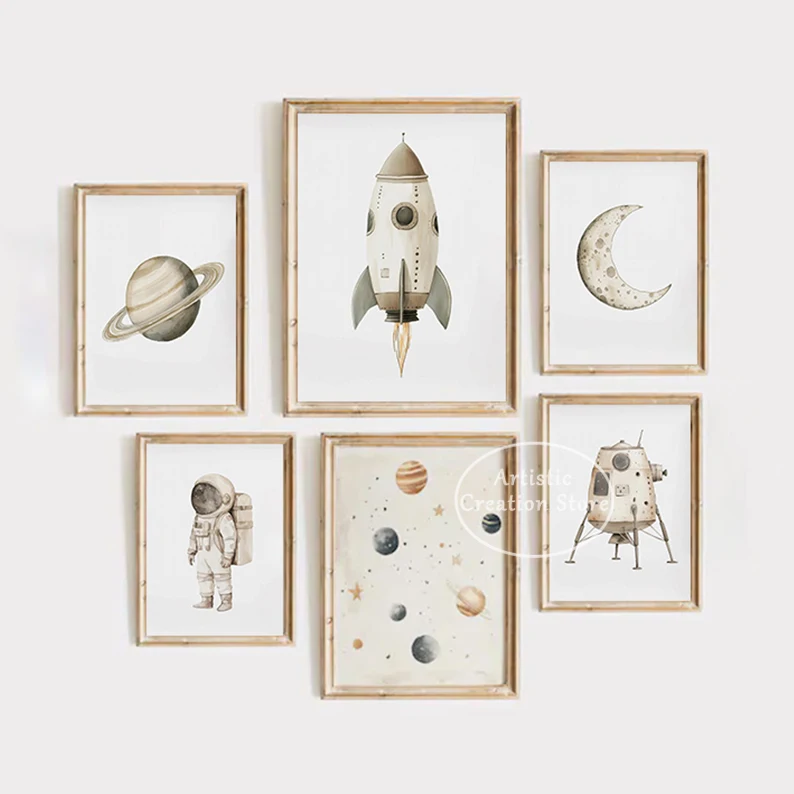 Neutral Solar System Outerspace Rocket Astronaut Moon Saturn Poster Canvas Painting Wall Art Pictures Home Playroom Decor