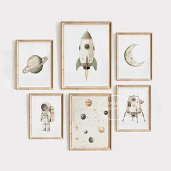 Neutral Solar System Outerspace Rocket Astronaut Moon Saturn Poster Canvas Painting Wall Art Pictures Home Playroom Decor