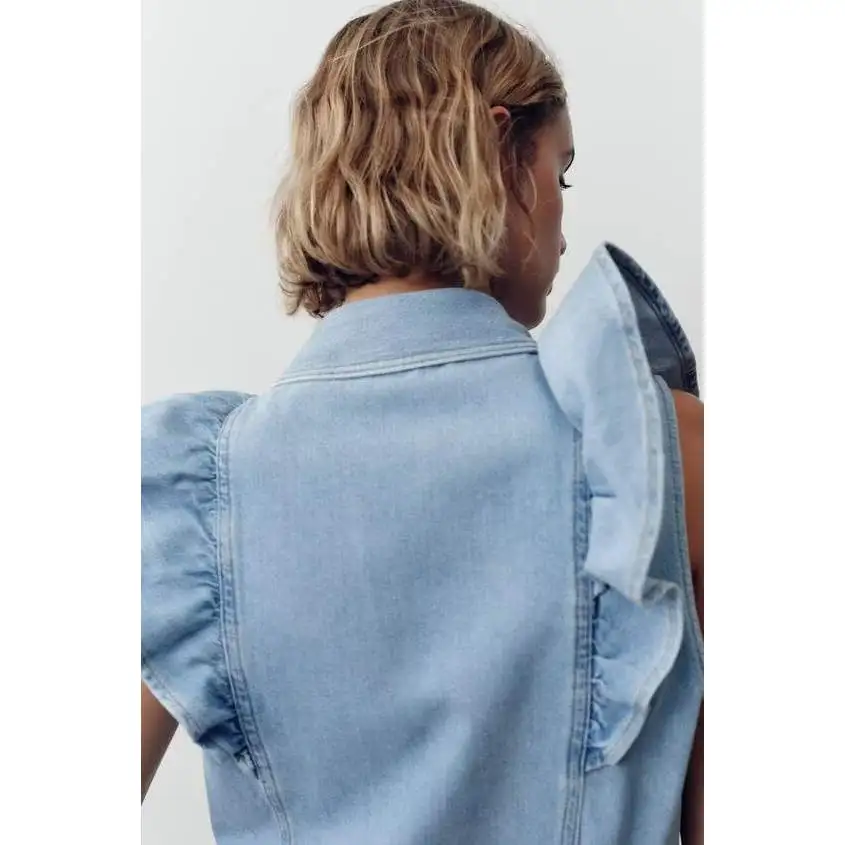 ZBZR ฤดูใบไม้ผลิใหม่ผู้หญิงแฟชั่น DENIM คอปกทรงสลิมเลเยอร์ Sle Princ Sle กางเกงขายาวปิดกระดุม