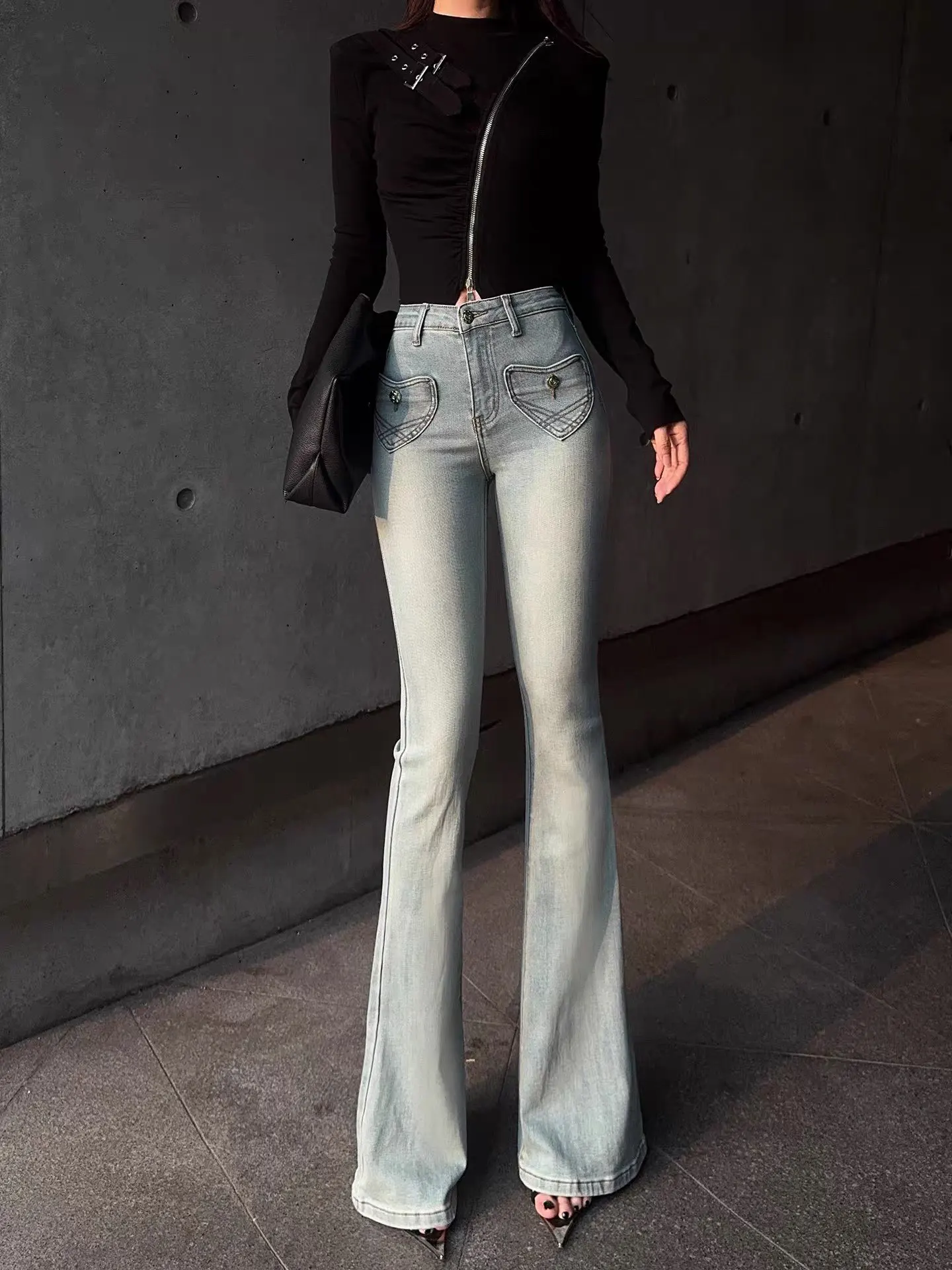 

Light Blue Heart ket Slim Fit High Waist Denim Pants Women's Spring Autumn Micro Flared Jeans Elastic Floor-Length Trousers