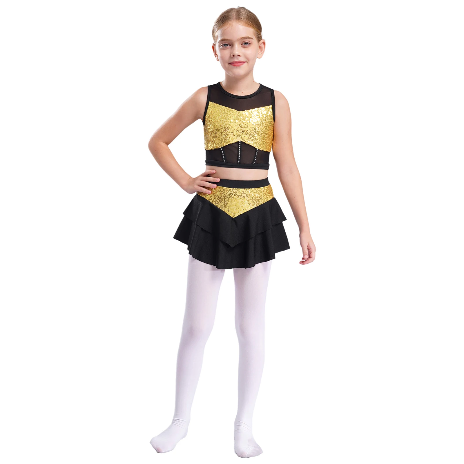 Kids Girls Shiny Sequins Cheerleading Uniform Cheerleader Ballet Jazz Dance Performance Costume Crop Top with Tiered Skirt for