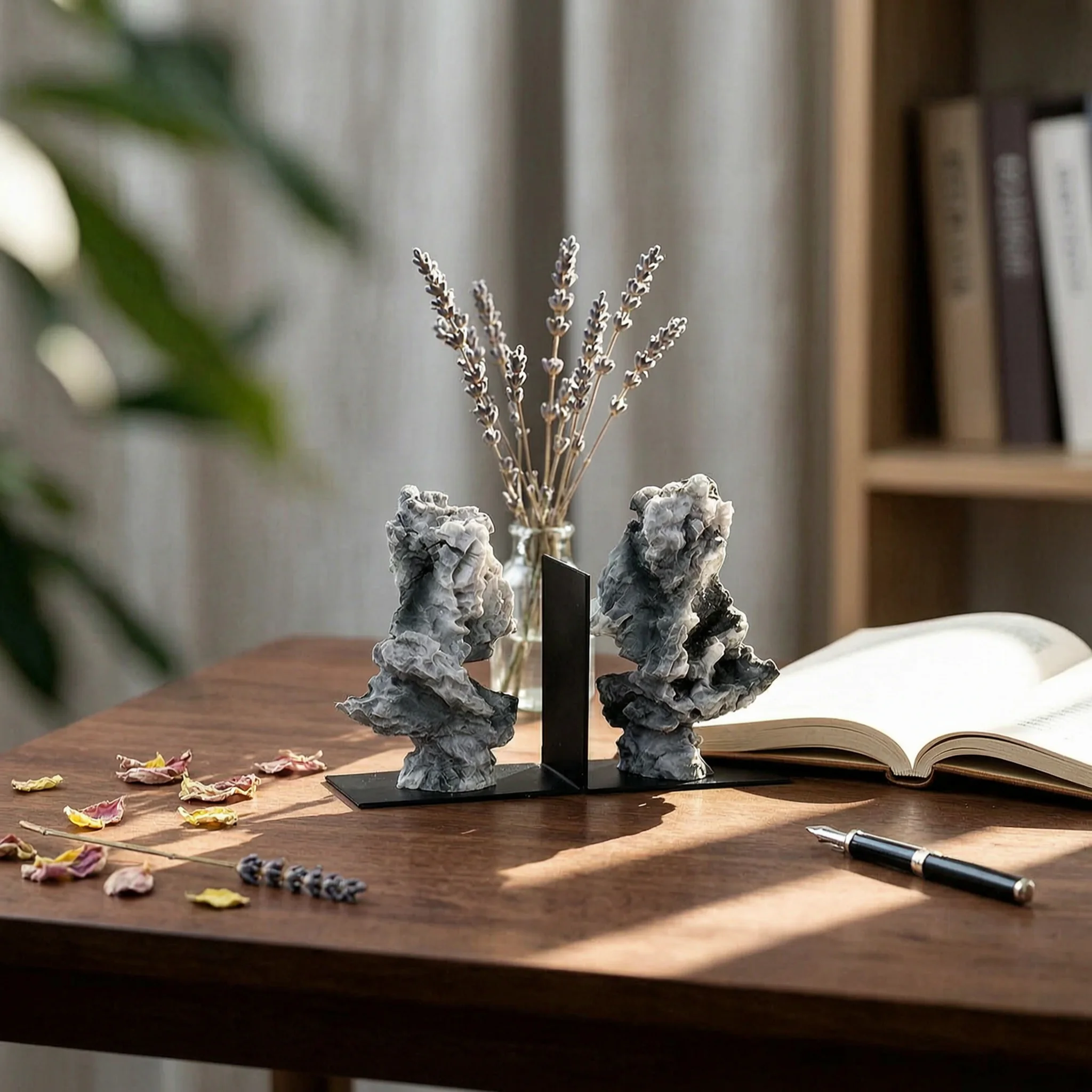 Textured Desktop Ornaments L-Shaped Bookends Decorative Home Decoration Natural Tone Stone Bookends for Bookshelf, Desk