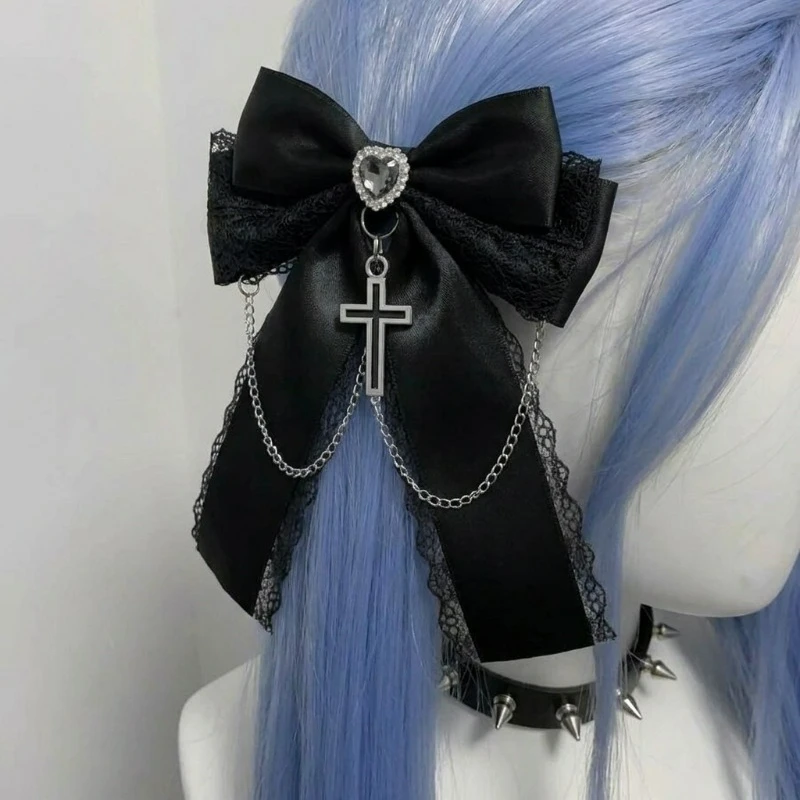 

Cross Chain Bow Hair Clips Lace Ribbon Hairpins Lolita Aesthetic Headwear Bags Decoration Dark Gothic Cosplay Party Accessory