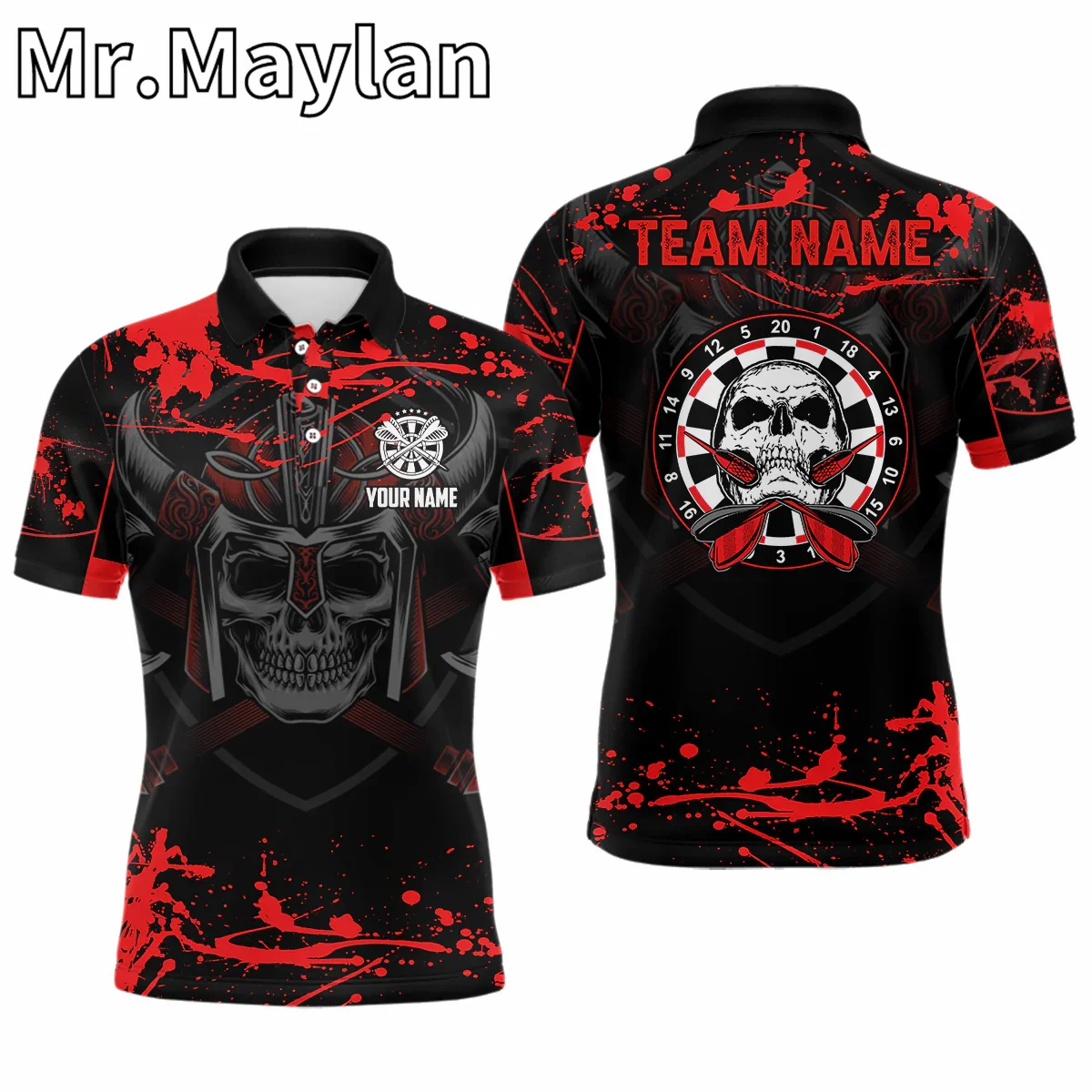

3D Warrior Skull Red Men's Polo Shirt Custom Scary Darts Jersey Shirt for Men Dart Throwing Competition Wear