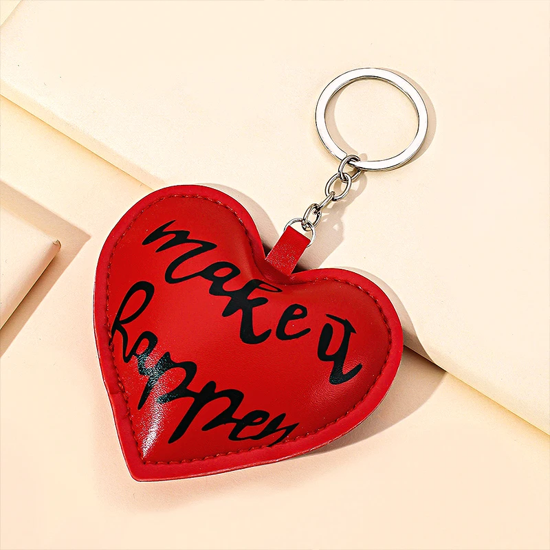 Heart Shaped Keychain Cute PU Leather Red Heart Pendant Keyring For Women Men Valentine's Day Jewelry Gift Bag Accessories