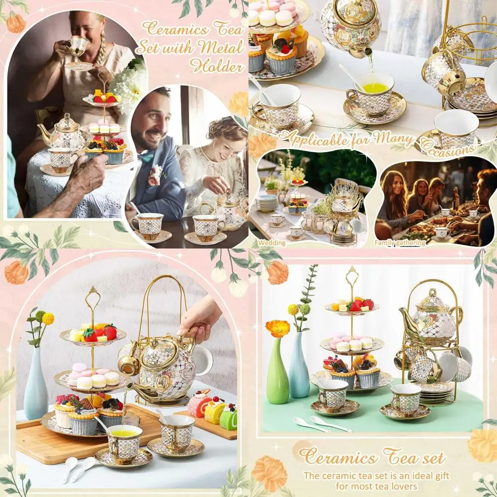 

Adults' European Floral 21-Piece Tea Set with Metal Stand, 3-Tier Ceramic Stand, Porcelain Teapot, and Cups - Perfect for Christ