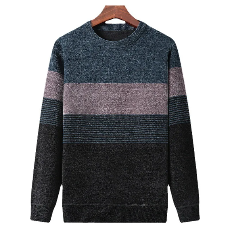 Pulôver de pelúcia gola redonda masculino, suéter solto de malha, espessado e quente, listras com cores contrastantes inferior, outono e inverno