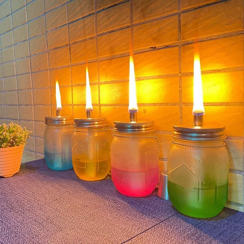 

Mason Jar Lids Jar Tabletop Torches Kits,6 Pack Regular Mouth Lids,Wicks and Caps,Outdoor Oil Lamp Lights for Patio Garden Decor