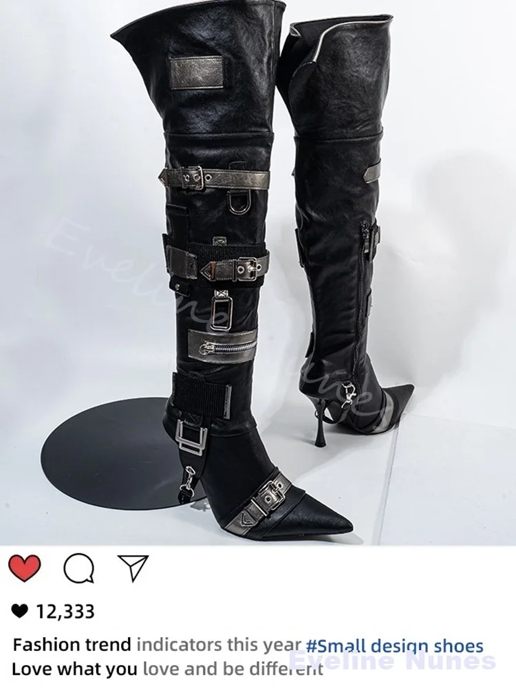 Heavy Metals Over The Knee Boots Women Pointy Toe Stiletto Heel Buckle Belt Dark Punk Long Boots Sexy Black Silver Winter Boots