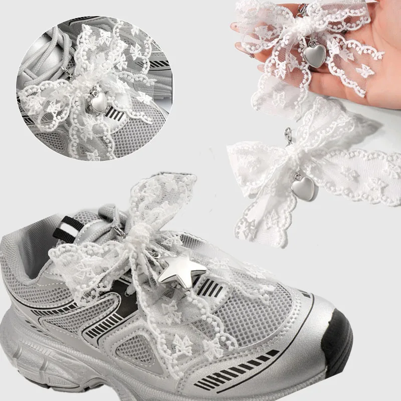 2 Pairs Lace Bows Shoelaces Buckle Simple Charm Shoes Accessory Women Bags Decor Heart-shaped Exquisite Bead DIY Shoes Buckle Se