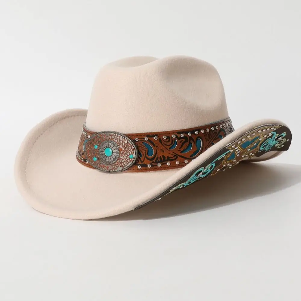 Turquoise Decor Western Cowboy Hat Vintage Embossed Band Wide Brim Sun Hat Retro American Style Cowgirl Hat For Women Man