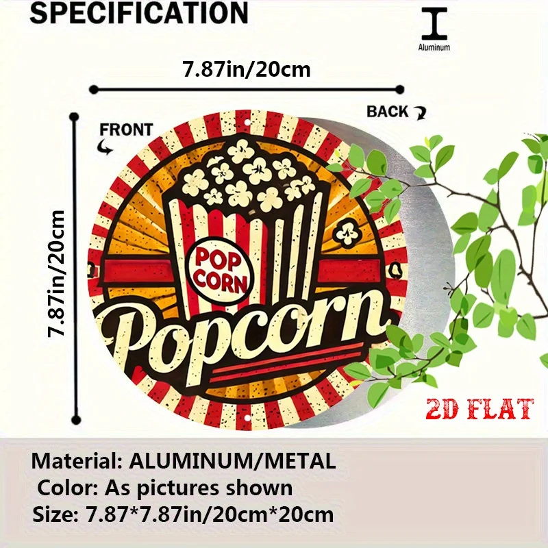 2D Flat, 1pc Vintage Cinema Popcorn Sign - Retro Movie Theater Decor with Red, Yellow & Brown Color Scheme - Heavy-Duty Aluminum