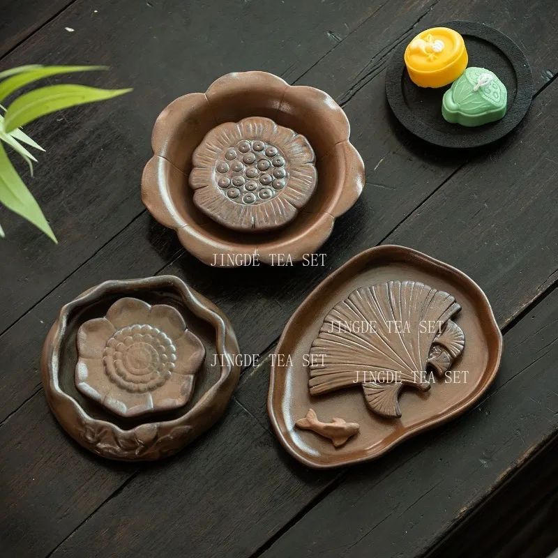 1pc Retro Ceramic Tea Tray Lotus Ginkgo Leaf Shape Teapot Holder Coarse Pottery Pot Mat Chinese Kung Fu Tea Table Decor