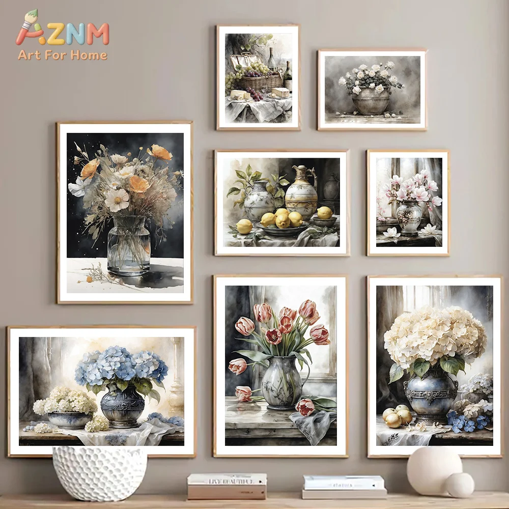 AZNM Vintage Watercolor Still Life Canvas Wall Art Print, Tulip Hydrangea Floral Vase Lemon Farmhouse Neutral Room Decor Poster
