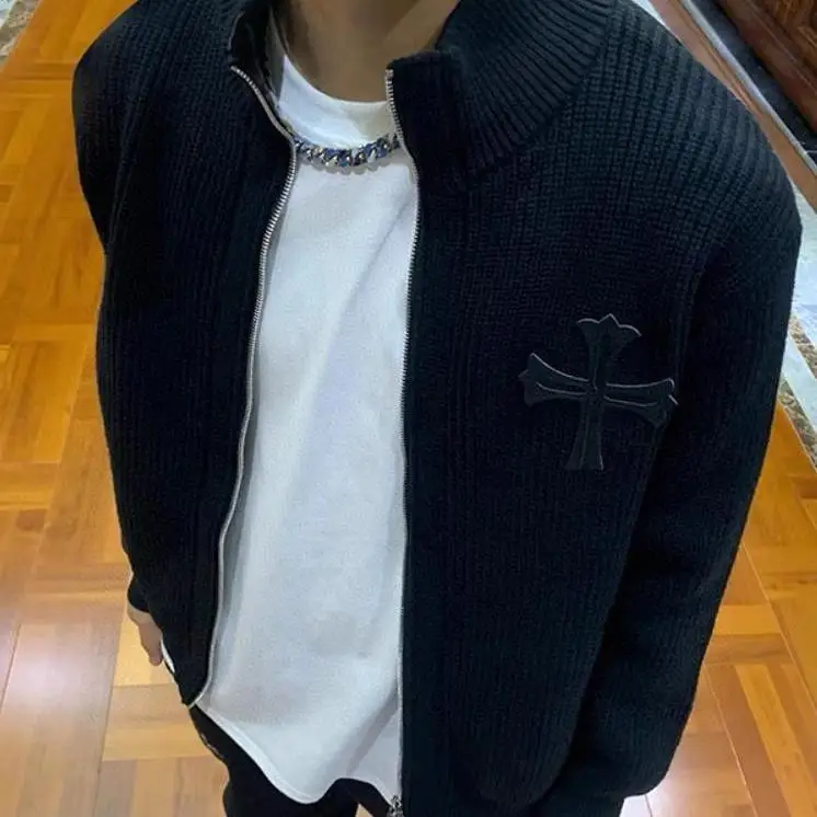  Remake Lagging Black Cross 925 Silver Buckle Sword Sanskrit Zip-up Fleece Cardigan Knit Tide