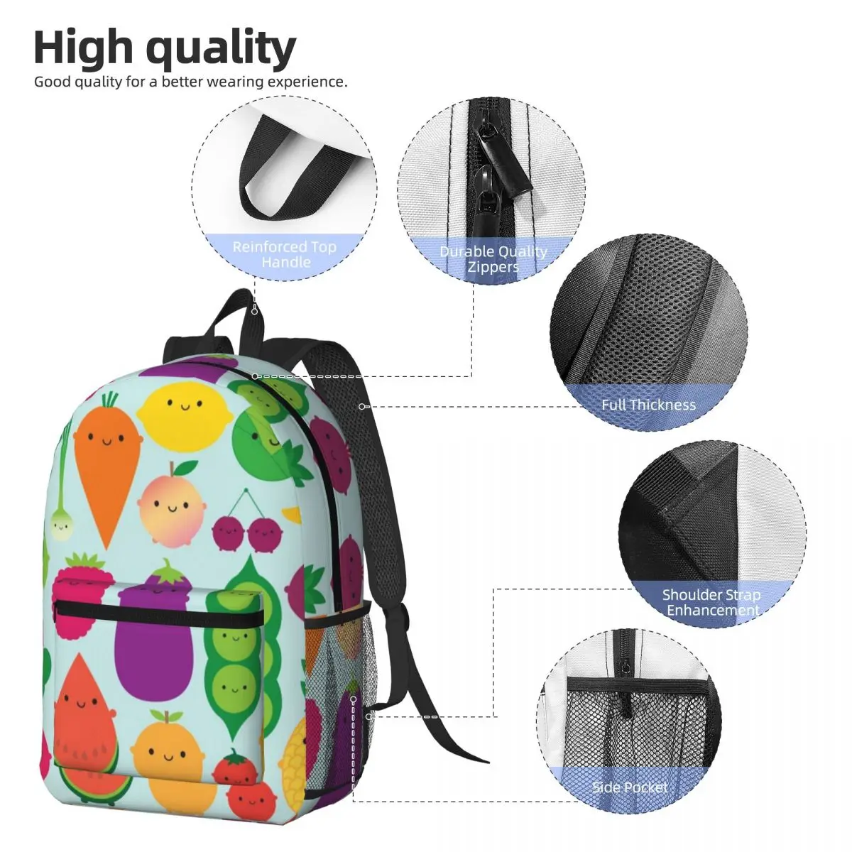 5 A Day Fruit And Vegetables Backpack Daypack Large Capacity Kids BookBag School Bag Shoulder Bags for Men Women