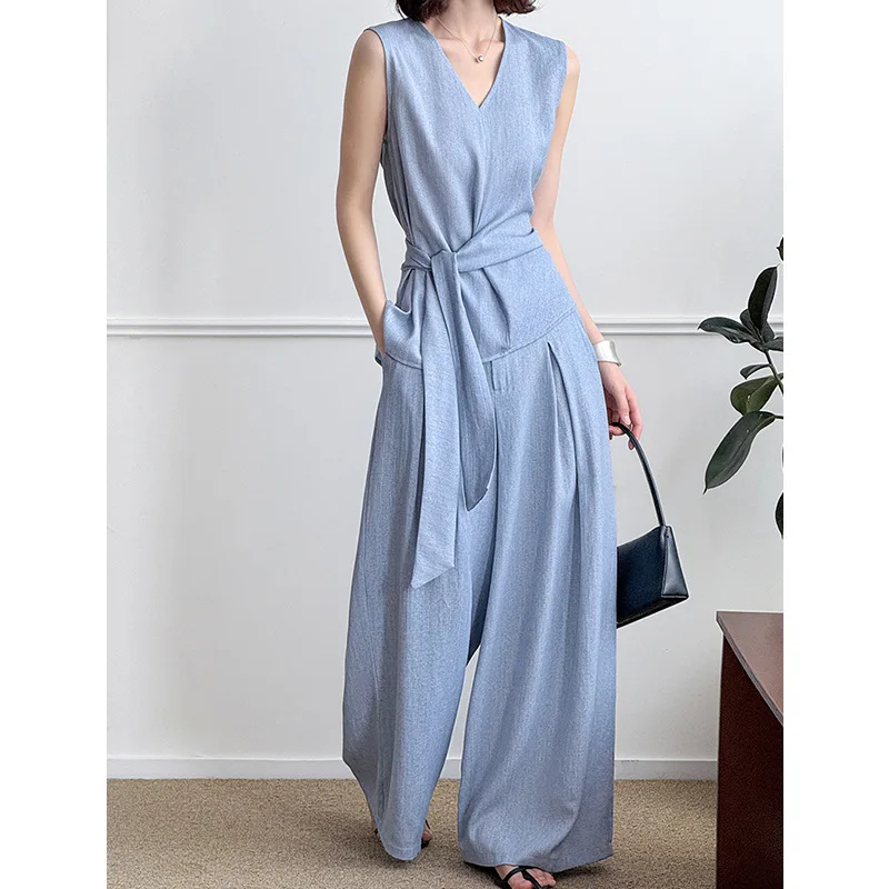 

Летний женский комплект из 2 предметов, женский жилет без рукавов + широкие брюки, комплект из 2 предметов, модные темпераментные боковые бретели в корейском стиле