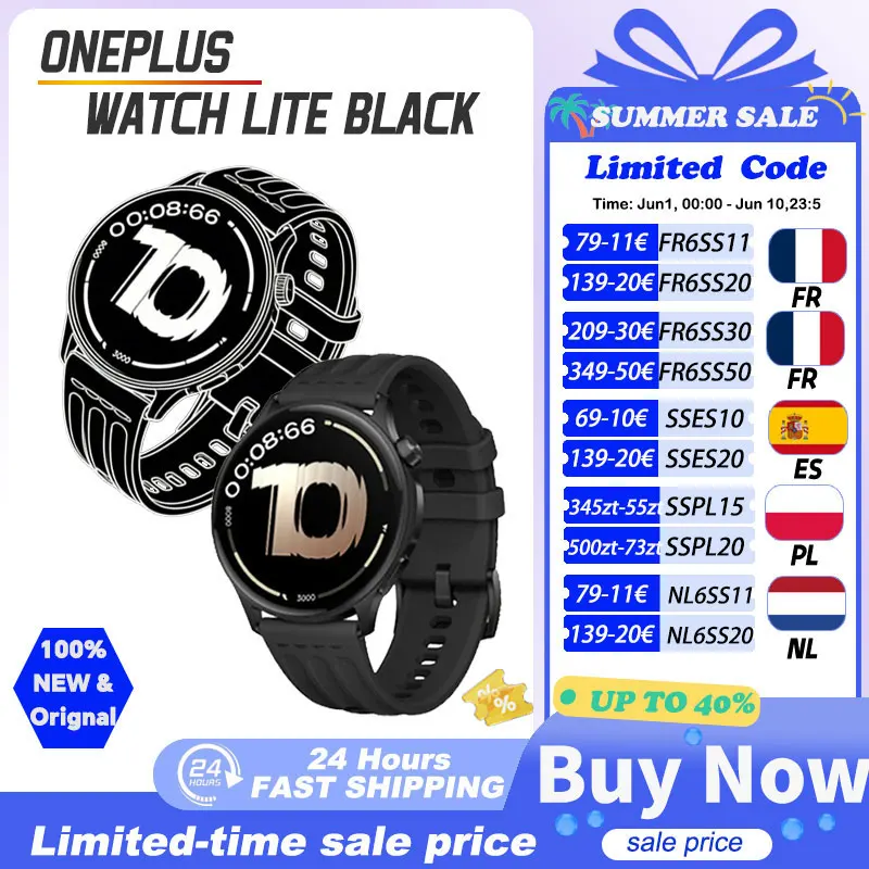 Montre connectée OnePlus Watch Lite version globale, écran AMOLED 1,46'', jusqu'à 10 jours d'autonomie, GPS double bande, montre pour homme