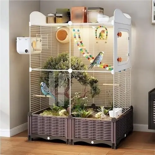 Parakeet Cage with Clear Front, Decorative Flight Birdcage with Accessories, Bird Cage for Cockatiels, Budgies