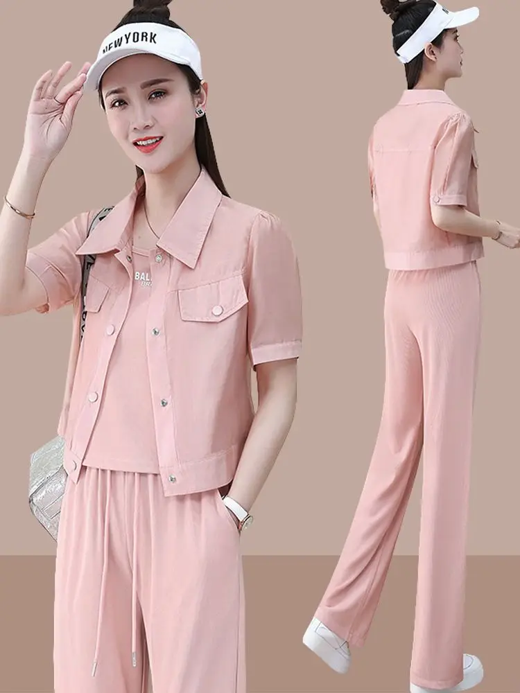 Casual Fashion 2023 Summer New Style Slim Waist Short Sleeve Sportswear Suit Women's Suspender Wide Leg Pants Three Piece Set