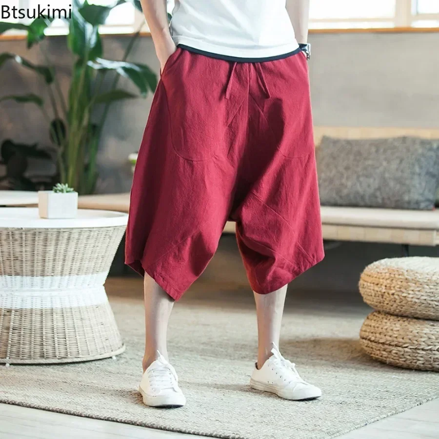 2025 Summer Men Harajuku Harem Pants Men's Vintage Chinese Style Cotton Linen Joggers Pants Man Solid Loose Calf-lenght Trousers