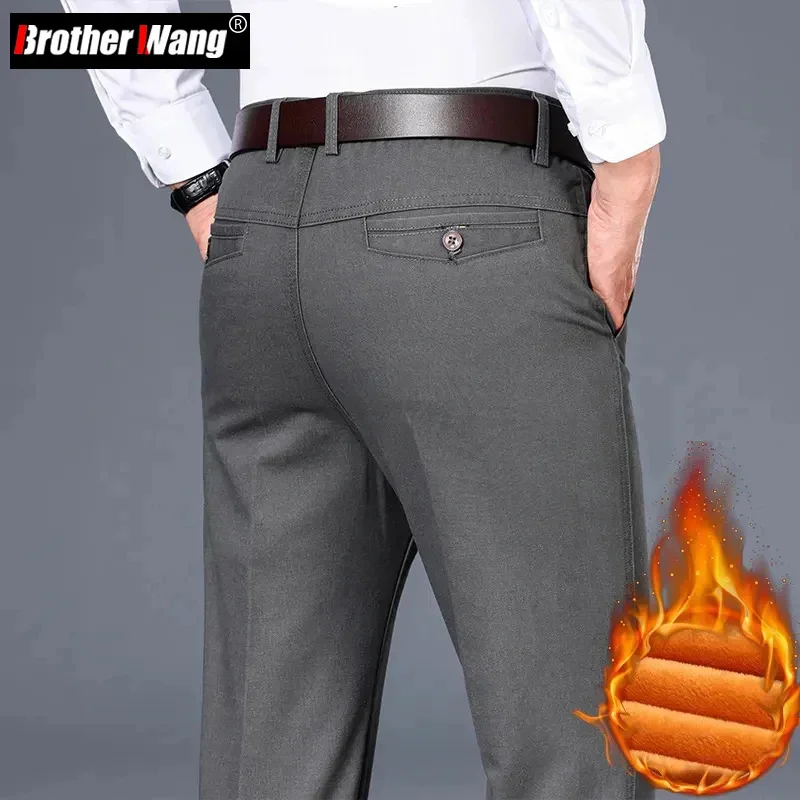 

Business Fleece Men's Thickened Casual Pants Slim Straight Simple Classic Style Cotton Dark Gray Male Office Plush Trousers