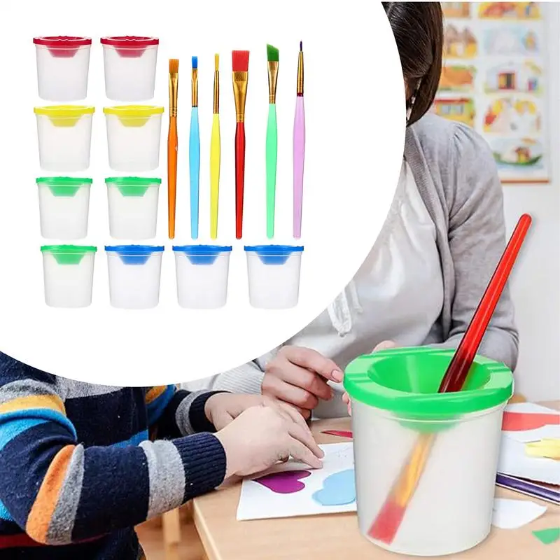 Vasos y pinceles de pintura a prueba de derrames, vasos de pintura transparentes con pinceles, pinceles para niños, vasos de pintura portátiles para clase de arte y hogar