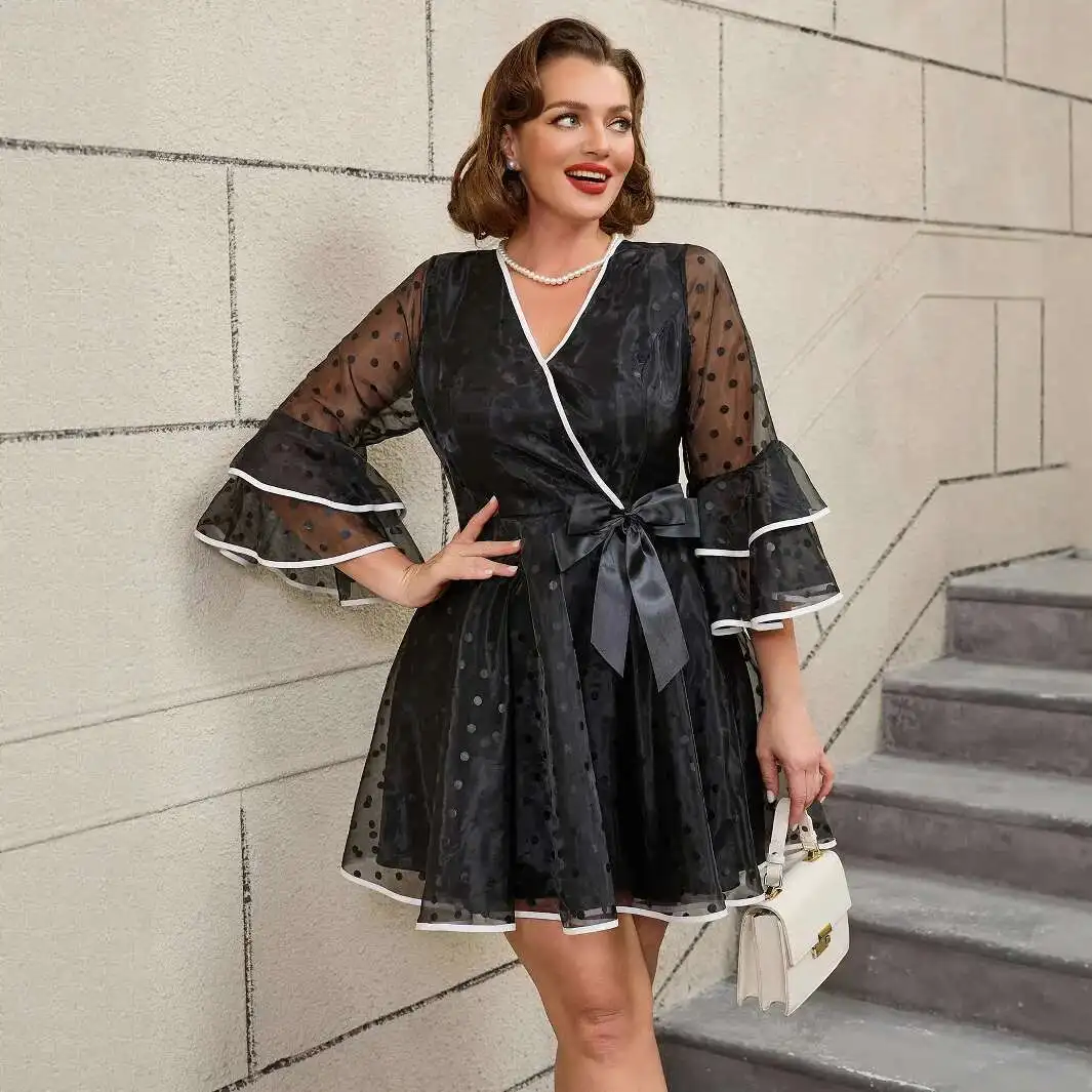 

Plus Size Mesh V-neck Short Dress High Waist Slimming Bowknot Bodycon Bell Sleeve Party Dress Party Summer Elegantes Casual Y2k