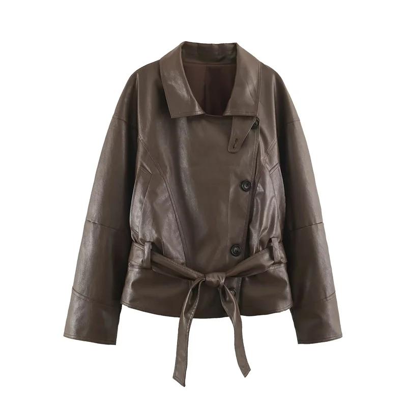 Guobioziy Women's Jacket 2026 Early Autumn New Style Comfortable Commuter Casual Short Faux Leather Jacket with Lapel
