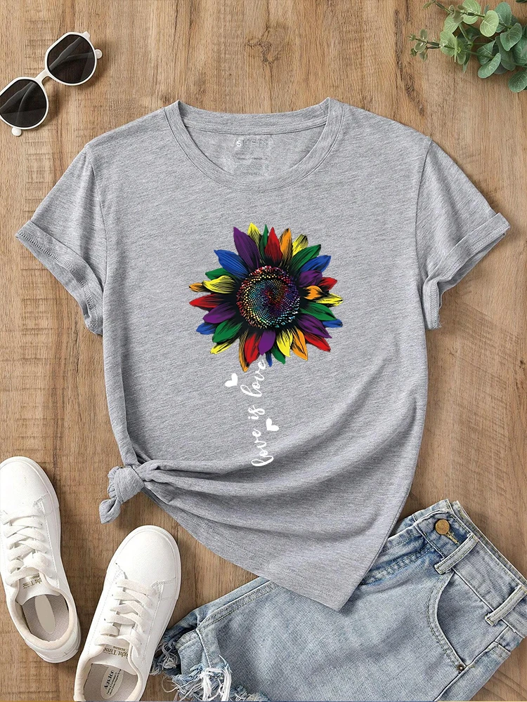 愛は愛、lgbqグラフィックTシャツ、レインボーヒマワリトップ、lgbtブラウス、ゲイプライドTシャツ、フラワープリント、面白いギフト