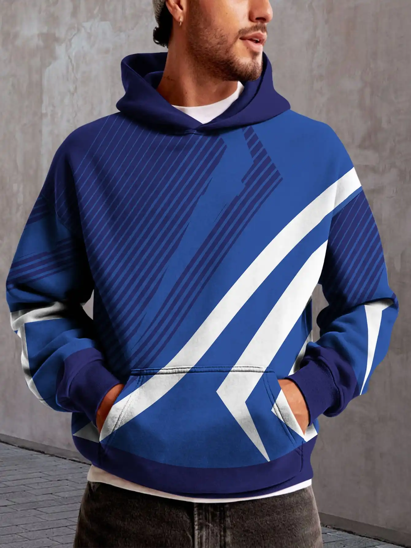 

Blue Rendering Geometric Patchwork Style 3D Printed Hooded Geometric Pattern Hooded Sweatshirt Casual Street Style Pullover