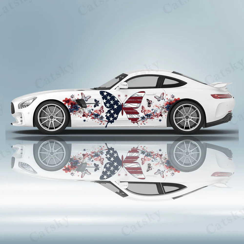 

American Flag Butterfly Flower Car Vinyl Wraps Decal PVC Anti Scratch Sticker Suitable for Trucks SUV Decor Auto Accessories