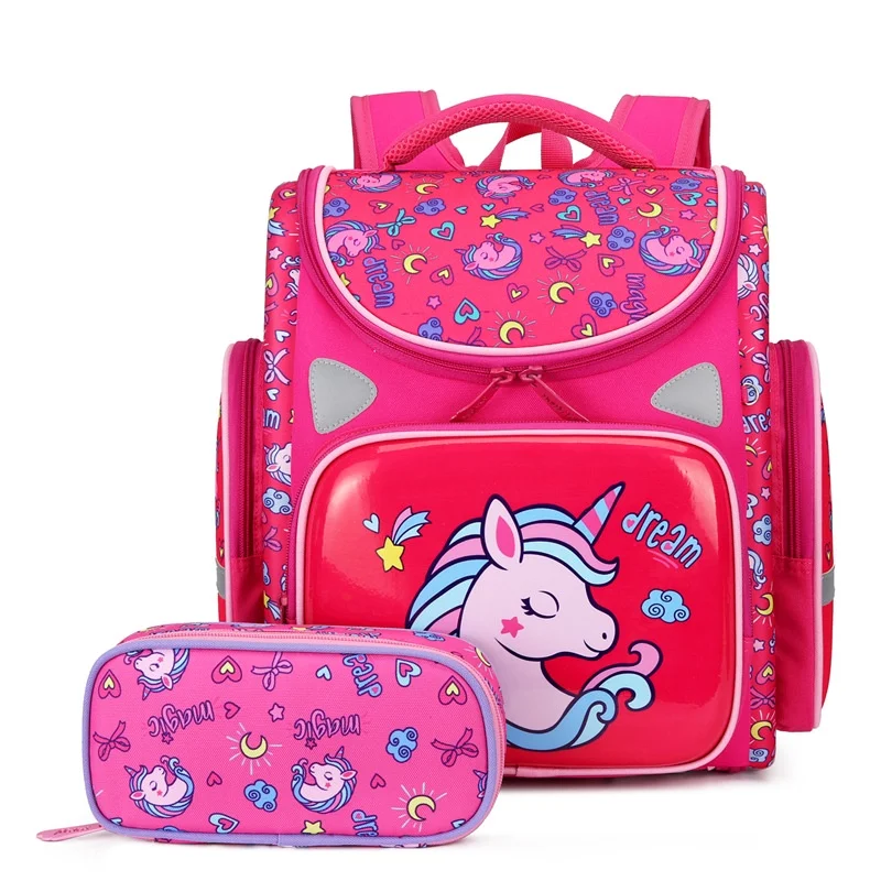 Folding Space Schoolbags for Primary School Students Boy Girl New Children Cartoon Unicorn Fashion Backpacks with Cute Pen Bag