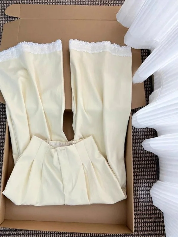 

Корейские повседневные брюки с кружевной отделкой и плиссировкой, унисекс, весна-осень, с высокой талией, свободные, приталенные, широкие штанины, брюки-костюм