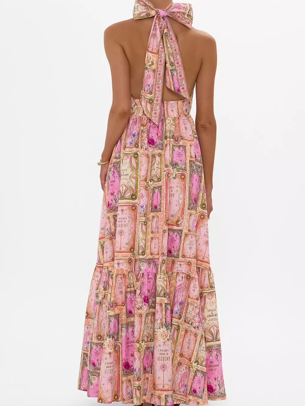 Primavera Verano 2025 vestido largo de seda para mujer decoración de lazo sin espalda estampado de flores con cuentas de cristal cuello en V sin mangas bata elegante