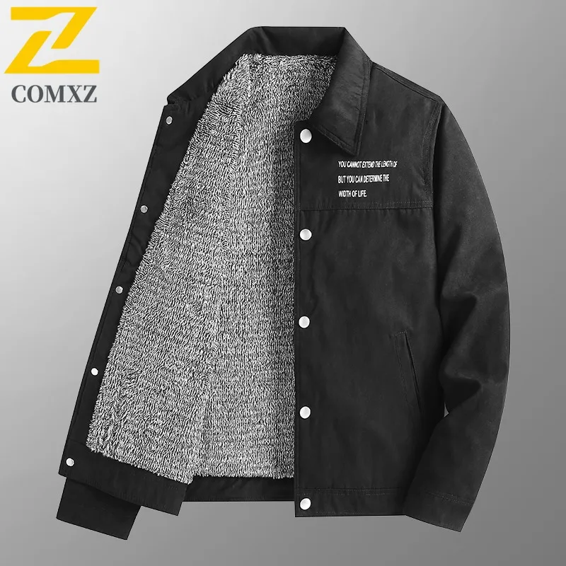 

COMXZ 2025 Autumn Winter Men Trendy Collar Non-Iron Fleece Leather Jacket Windproof Warm Flight Jacket Outdoor sports Outerwear​