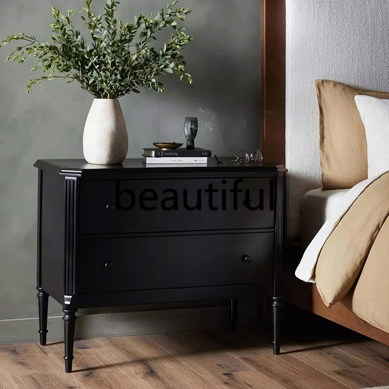 

American country solid wood frame black retro bedroom storage side few drawers bedside